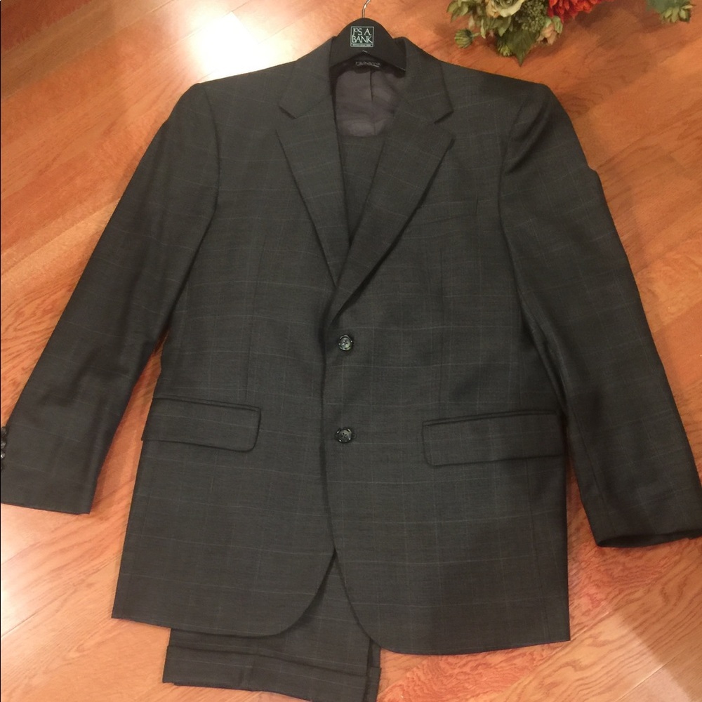 Jos A Bank charcoal gray window pane suit